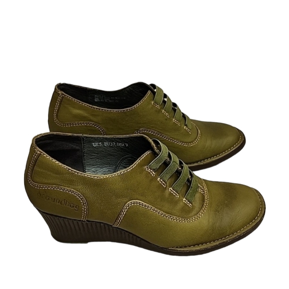 GROUNDHOG PORTUGAL Olive Leather Wedge Booties 7 37 Artsy Oxford Boots Slip On - Picture 4 of 16